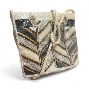 Vtg Beaded Evening Bag Cream Black Beads 80s Formal Party Crossbody Edgy Bold